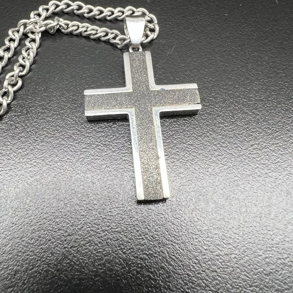 Cross Necklace- Black & Silver Tone 24” Chain- Lobster Claw Clasp